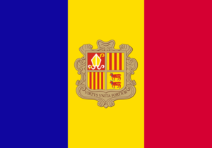 Bandera de Andorra: Tres franjas verticales, azul, amarilla y roja, con el escudo de armas en la franja central.