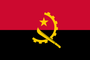 Bandera de Angola: Dos franjas horizontales en rojo y negro con un emblema en el centro compuesto de una estrella amarilla, un libro abierto y una rueda dentada.