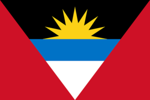 "Bandera de Antigua y Barbuda: Franjas horizontales de negro, azul y blanco con un sol naciente y un triángulo en forma de V invertida rojo y blanco.