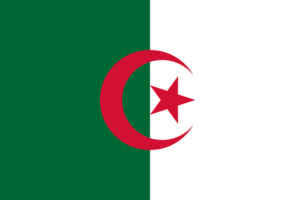 Bandera de Argelia: Mitad verde y mitad blanca verticalmente, con una media luna roja y una estrella de cinco puntas centradas