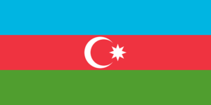 Bandera de Azerbaiyán: Tres franjas horizontales, azul en la parte superior, rojo con una media luna y una estrella en el medio, y verde en la parte inferior.