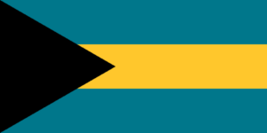 Bandera de Bahamas: Un triángulo negro en el lado izquierdo y tres franjas horizontales, dos aguamarinas y una amarilla.
