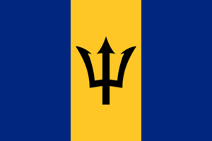 Bandera de Barbados: Tres franjas verticales, dos azules y una amarilla en el centro con un tridente negro.