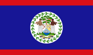 Bandera de Belice: Azul con franjas rojas en la parte superior e inferior y un escudo en el centro.