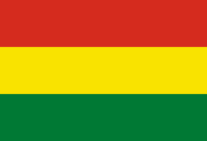 Bandera de Bolivia: Tres franjas horizontales, roja, amarilla y verde, con el escudo nacional en el centro.