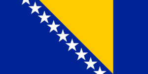 Bandera de Bosnia y Herzegovina: Azul con un triángulo amarillo y estrellas blancas a lo largo del borde.