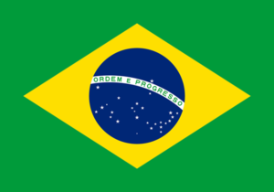 Bandera de Brasil: Verde con un rombo amarillo y un círculo azul en el centro con estrellas blancas y una banda blanca con el lema nacional.