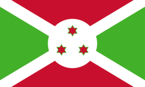 Bandera de Burundi: Campo dividido diagonalmente en rojo y verde, con una franja blanca y tres estrellas rojas en el centro.