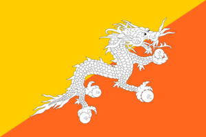 Bandera de Bután: Diagonal con la mitad superior amarilla y la inferior roja, con un dragón blanco en el centro.
