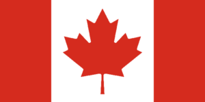 Bandera de Canadá: Dos franjas verticales rojas y un campo blanco en el centro con una hoja de arce roja.