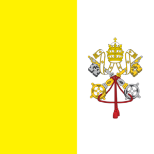 Bandera de la Ciudad del Vaticano: Dos franjas verticales, una dorada y otra blanca con el escudo de armas del Vaticano.