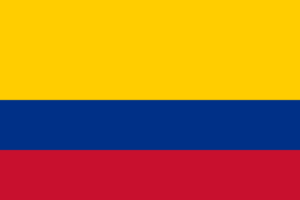 Bandera de Colombia: Tres franjas horizontales, amarilla, azul y roja.
