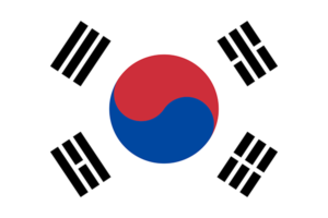 Bandera de Corea del Sur: Blanco con un círculo rojo y azul en el centro (yin y yang) y cuatro trigramas negros.