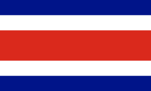 Bandera de Costa Rica: Cinco franjas horizontales, azul, blanco, rojo, blanco y azul, con el escudo de armas en el lado izquierdo.