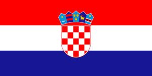 Bandera de Croacia: Tres franjas horizontales, roja, blanca y azul, con el escudo de armas en el centro.