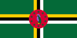 Bandera de Dominica: Verde con una cruz tricolor de amarillo, negro y blanco, y un loro sisserou en el centro.