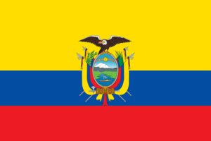 Bandera de Ecuador: Tres franjas horizontales, amarilla, azul y roja, con el escudo de armas en el centro.