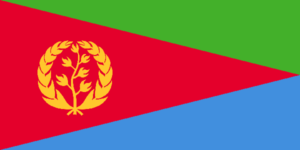 Bandera de Eritrea: Triángulo rojo con base en el lado izquierdo y franjas verde y azul, con una corona de olivo en el centro.