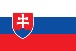 Bandera de Eslovaquia: Tres franjas horizontales, blanca en la parte superior, azul en el medio y roja en la parte inferior, con el escudo de armas nacional.