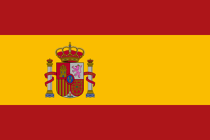 Bandera de España: Tres franjas horizontales, roja, amarilla (más ancha) y roja, con el escudo de armas en la franja amarilla.