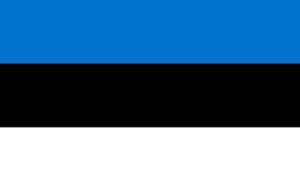 Bandera de Estonia: Tres franjas horizontales, azul en la parte superior, negra en el medio y blanca en la parte inferior.
