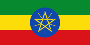 Bandera de Etiopía: Tres franjas horizontales, verde, amarillo y rojo, con un disco azul y una estrella de cinco puntas en el centro.