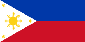 Bandera de Filipinas: Un triángulo blanco con un sol y tres estrellas, y franjas horizontales azul y roja.