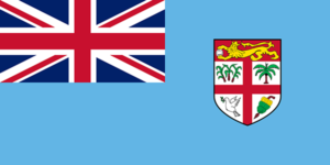 Bandera de Fiyi: Azul claro con la Union Jack en la esquina superior izquierda y un escudo con imágenes locales en la parte derecha.