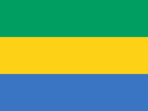 Bandera de Gabón: Tres franjas horizontales, verde, amarillo y azul.