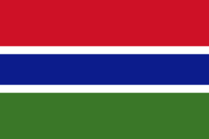 Bandera de Gambia: Tres franjas horizontales, roja y verde con franjas blancas delgadas entre ellas.
