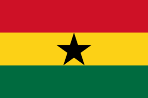 Bandera de Ghana: Tres franjas horizontales, roja, amarilla con una estrella negra, y verde.