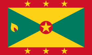 Bandera de Granada: Roja con un borde amarillo y verde, dividida en cuatro triángulos con estrellas amarillas y un círculo en el centro con un escudo.