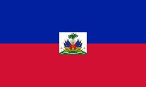 Bandera de Haití: Dos franjas horizontales, azul arriba y roja abajo, con el escudo nacional en el centro.