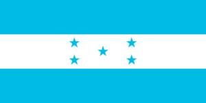 Bandera de Honduras: Tres franjas horizontales, dos azules y una blanca en medio, con cinco estrellas azules en el centro.