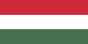 Bandera de Hungría: Tres franjas horizontales, roja en la parte superior, blanca en el medio y verde en la parte inferior.