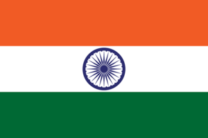 Bandera de India: Tres franjas horizontales, azafrán, blanco con una rueda azul (Ashoka Chakra) y verde.
