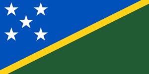 Bandera de las Islas Salomón: Dividida diagonalmente por una franja amarilla, con triángulos verde arriba y azul abajo, y cinco estrellas blancas.