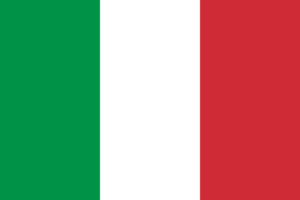 Bandera de Italia: Tres franjas verticales, verde en la izquierda, blanca en el medio y roja en la derecha.