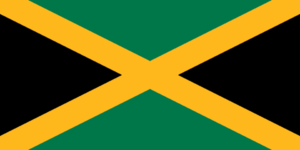 Bandera de Jamaica: Un cruz de San Andrés en amarillo con triángulos verdes arriba y abajo y negros a los lados.
