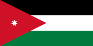 Bandera de Jordania: Tres franjas horizontales de negro, blanco y verde con un triángulo rojo y una estrella de siete puntas.