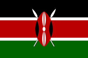 Bandera de Kenia: Tres franjas horizontales, negra, roja y verde con bordes blancos y un escudo Masai en el centro.