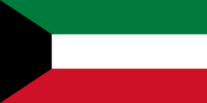 Bandera de Kuwait: Tres franjas horizontales de verde, blanco y rojo con un trapecio negro en el lado izquierdo.