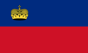 Bandera de Liechtenstein: Dos franjas horizontales, azul en la parte superior y roja en la parte inferior, con una corona dorada en la esquina superior izquierda.