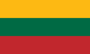 Bandera de Lituania: Tres franjas horizontales, amarilla en la parte superior, verde en el medio y roja en la parte inferior.