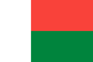 Bandera de Madagascar: Dos franjas verticales, blanca a la izquierda y roja a la derecha, y una franja horizontal verde en la parte inferior.