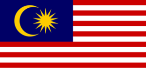 Bandera de Malasia: Catorce franjas horizontales rojas y blancas con un campo azul y una luna y estrella amarillas.