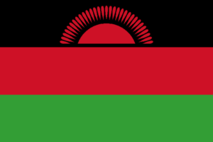 Bandera de Malaui: Tres franjas horizontales de negro, rojo y verde, con un sol rojo naciente en la franja superior.