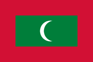 Bandera de Maldivas: Rojo con un rectángulo verde en el centro y una media luna blanca.