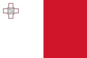 Bandera de Malta: Dos franjas verticales, blanca en la izquierda y roja en la derecha, con una cruz de San Jorge en la esquina superior izquierda.