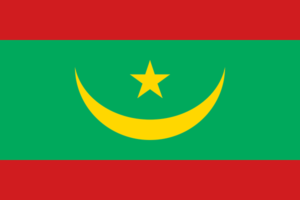 Bandera de Mauritania: Verde con una media luna dorada y una estrella de cinco puntas encima y franjas rojas en la parte superior e inferior.